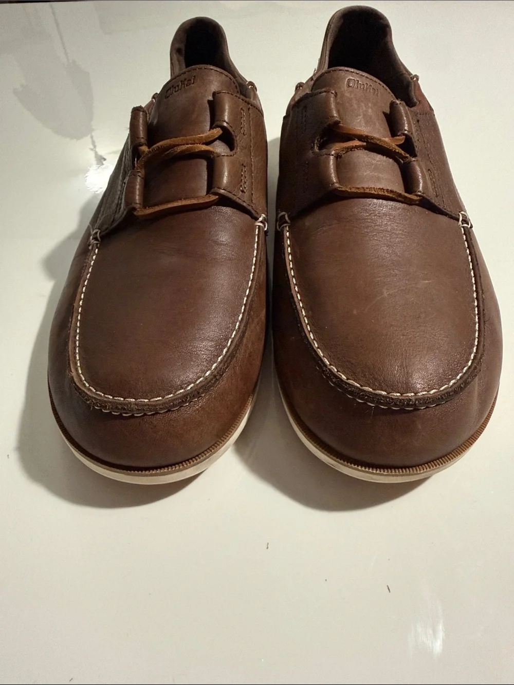 OluKai DEDE Moku Brown Leather MENS Lace-Up Moc Toe Boat Loafers Shoes - Size 13
